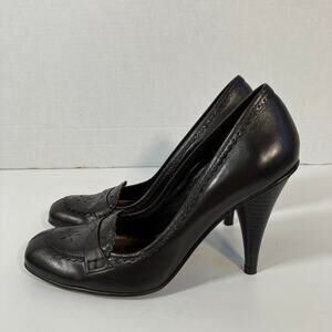 BCBG Sz 7.5 Vtg Y2K Square Toe Heels Dark Brown Embossed Leather Dressy